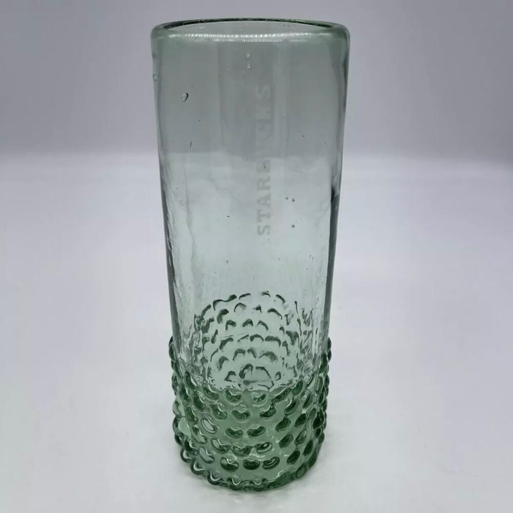 Starbucks Hand Blown Tumbler Green Hobnail Etched Cold Drink Glass